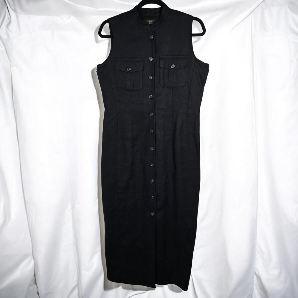 VTG Embassy Row Petites Midi Dress 8P Black Pure‎ Linen Sleeveless Button Front